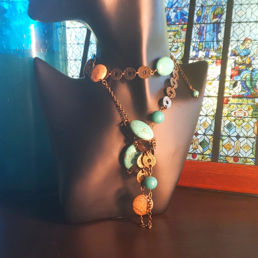 LIA SOPHIA Brass Metal Turquoise & Jasper Stone Necklace - Retired